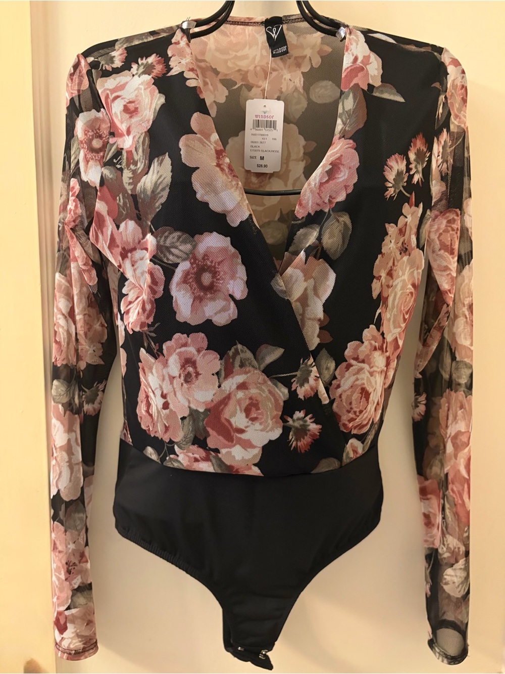 Black Floral Wrap-Front Long-Sleeve Bodysuit - Picture 8 of 8
